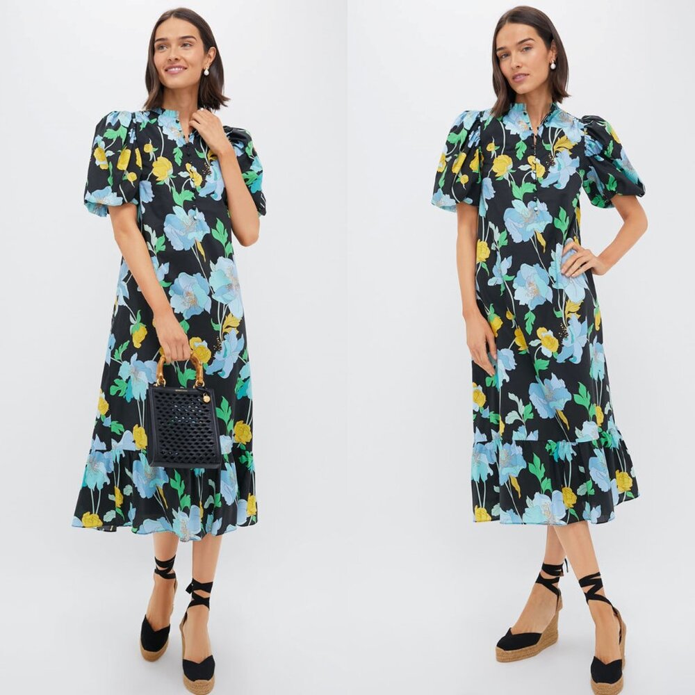 Tuckernuck Black Midi Dress with Blue and Yellow Floral Print